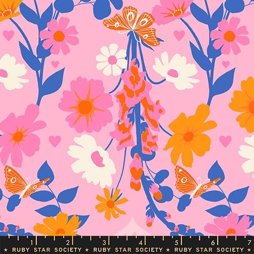 The image is a vibrant and colorful floral pattern featuring various flowers and butterflies in shades of pink, orange, and blue.