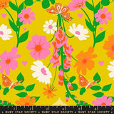 The image is a vibrant and colorful collage featuring various flowers, butterflies, and leaves in shades of pink, orange, and white against a yellow background.