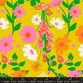 The image is a vibrant and colorful collage featuring various flowers, butterflies, and leaves in shades of pink, orange, and white against a yellow background.