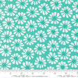 a repeating pattern of white flowers with green centers against a turquoise background.