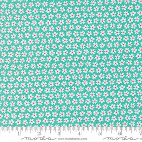 a fabric with a repeating pattern of white and pink flowers on a turquoise background. The fabric appears to be a textile or material with a floral design.
