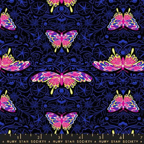 a repeating pattern of colorful butterflies against a dark blue background.