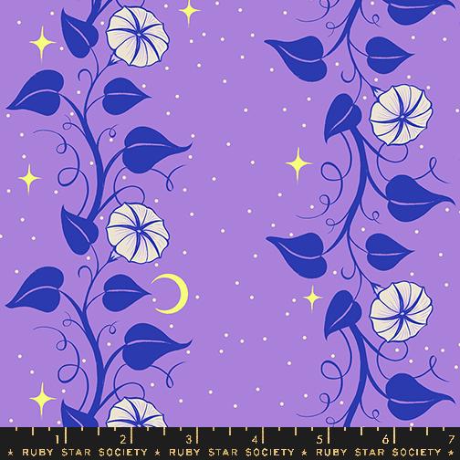 a purple background with white flowers and leaves, along with a crescent moon and stars. The image is a repeating pattern of these elements, creating a visually appealing and harmonious design.