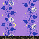 a purple background with white flowers and leaves, along with a crescent moon and stars. The image is a repeating pattern of these elements, creating a visually appealing and harmonious design.