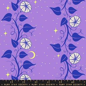 a purple background with white flowers and leaves, along with a crescent moon and stars. The image is a repeating pattern of these elements, creating a visually appealing and harmonious design.