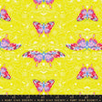a repeating pattern of pink and red butterflies against a yellow background.