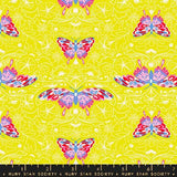 a repeating pattern of pink and red butterflies against a yellow background.
