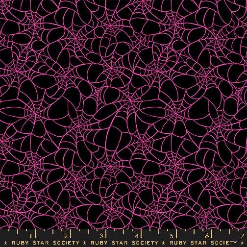 a repeating pattern of pink spider web designs against a black background.