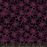 a repeating pattern of pink spider web designs against a black background.