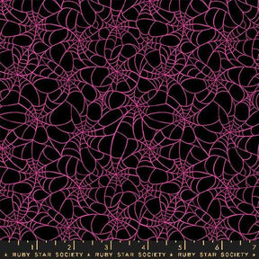 a repeating pattern of pink spider web designs against a black background.