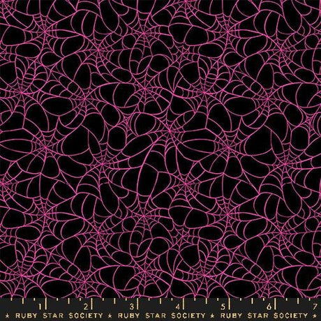 a repeating pattern of pink spider web designs against a black background.