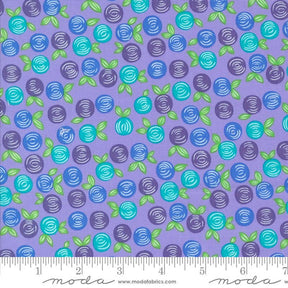 a pattern of blue and green roses on a purple background.