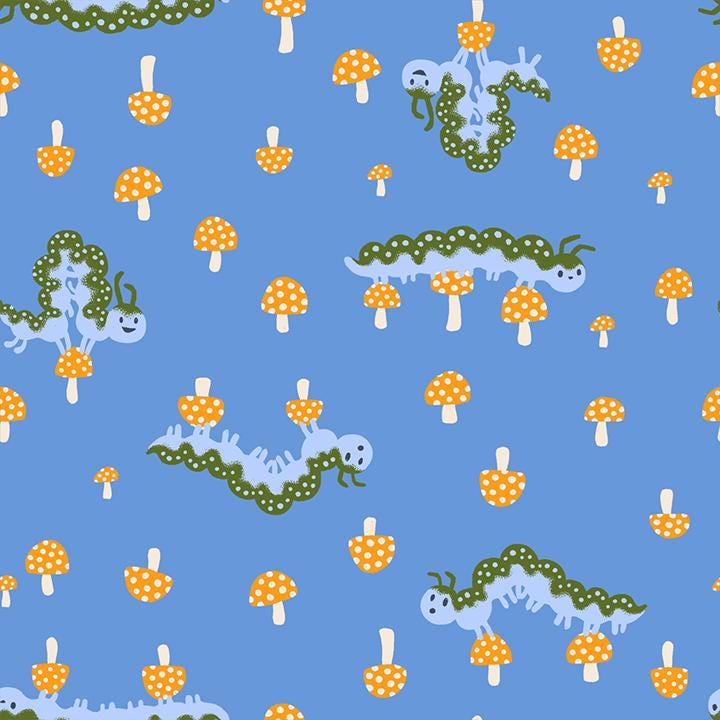 a pattern of whimsical caterpillars and mushrooms against a blue background.