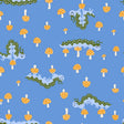 a pattern of whimsical caterpillars and mushrooms against a blue background.