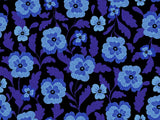 a repeating pattern of blue flowers and leaves against a dark background.