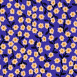 a repeating pattern of small white flowers with orange centers against a deep blue background.