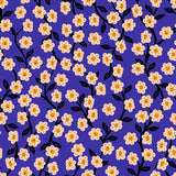 a repeating pattern of small white flowers with orange centers against a deep blue background.
