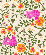 a repeating pattern of pink cats and colorful flowers, creating a whimsical and playful design.