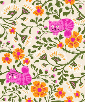 a repeating pattern of pink cats and colorful flowers, creating a whimsical and playful design.