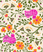 a repeating pattern of pink cats and colorful flowers, creating a whimsical and playful design.