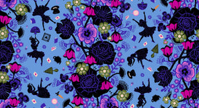 The image is a vibrant and whimsical pattern featuring various silhouettes of dancing figures, flowers, and other decorative elements in shades of purple, green, and pink against a blue background.