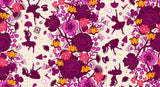 The image is a vibrant and whimsical pattern featuring various silhouettes of dancing figures, flowers, and other decorative elements in shades of purple, pink, and orange.