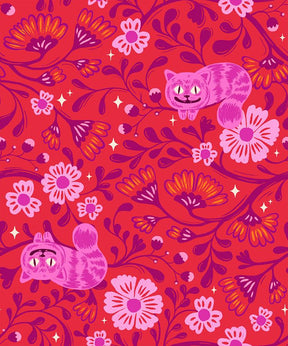 a vibrant and whimsical pattern of pink and purple flowers, leaves, and cat-like shapes against a bright red background.