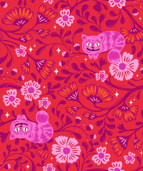 a vibrant and whimsical pattern of pink and purple flowers, leaves, and cat-like shapes against a bright red background.