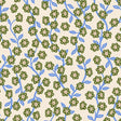 a repeating pattern of stylized green flowers and blue stems against a light beige background.