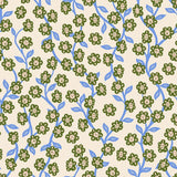 a repeating pattern of stylized green flowers and blue stems against a light beige background.