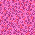 a repeating pattern of purple flowers with red stems against a pink background.
