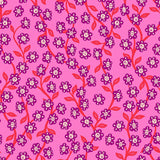 a repeating pattern of purple flowers with red stems against a pink background.