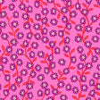 a repeating pattern of purple flowers with red stems against a pink background.