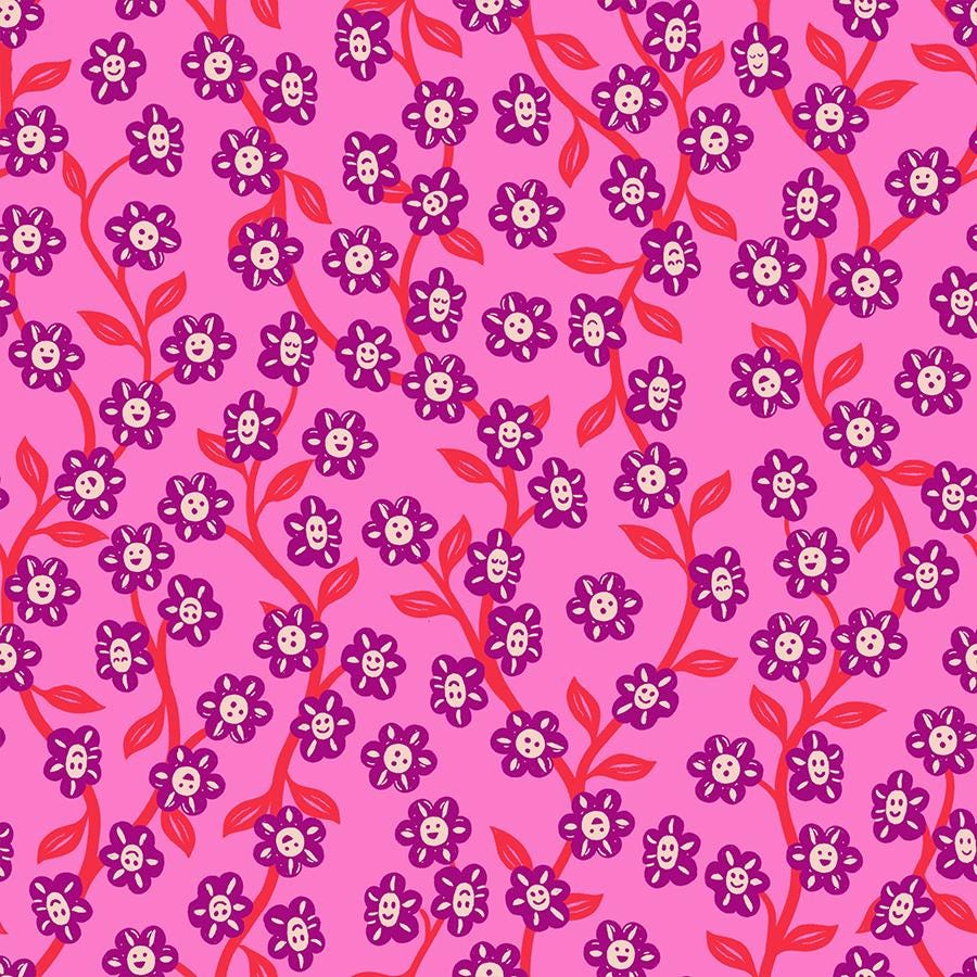 a repeating pattern of purple flowers with red stems against a pink background.