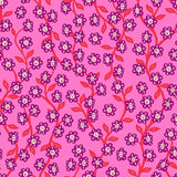 a repeating pattern of purple flowers with red stems against a pink background.