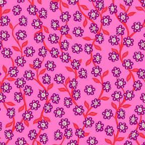 a repeating pattern of purple flowers with red stems against a pink background.