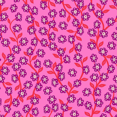 a repeating pattern of purple flowers with red stems against a pink background.