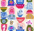The image is a vibrant collection of various colorful and whimsical tea cups and mugs, each with unique designs and patterns.