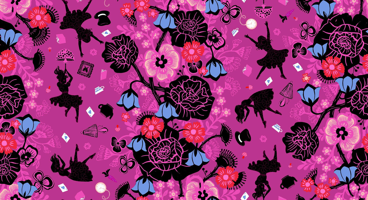 The image is a vibrant and whimsical pattern featuring various silhouettes of dancing figures, flowers, and other decorative elements in shades of pink, blue, and black against a purple background.