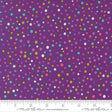 The image is a fabric with a purple background and multicolored polka dots scattered across it.