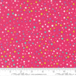 The image is a close-up of a fabric with a vibrant pink background adorned with multicolored polka dots in various sizes and shades.