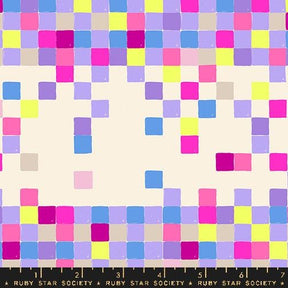 The image is a vibrant and colorful mosaic of various squares in different shades of pink, blue, yellow, and purple. The squares are arranged in a grid-like pattern, creating a visually striking and dynamic composition.