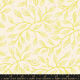 a repeating pattern of yellow leaves and pink dots on a light beige background.
