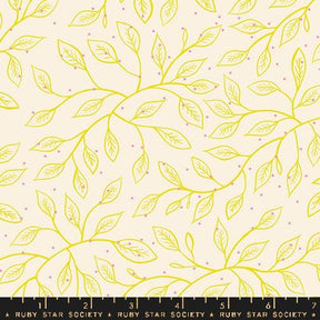 a repeating pattern of yellow leaves and pink dots on a light beige background.