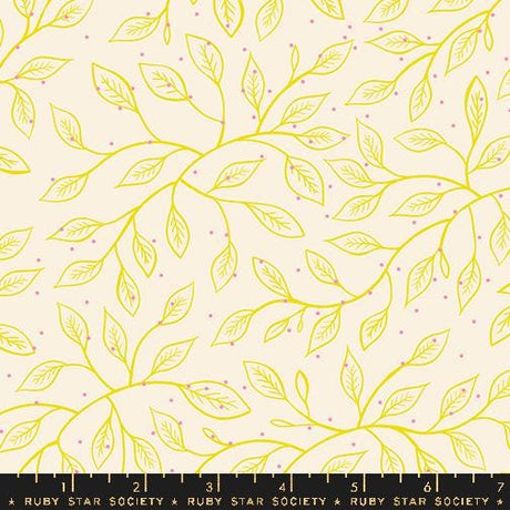 a repeating pattern of yellow leaves and pink dots on a light beige background.