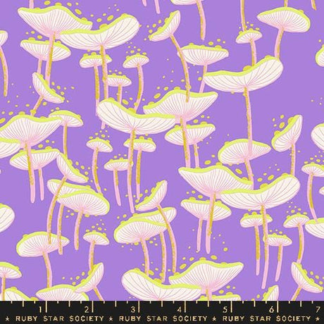 a pattern of pink and white mushrooms against a purple background.