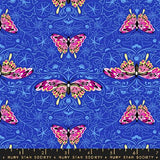 a repeating pattern of pink and yellow butterflies against a blue background.