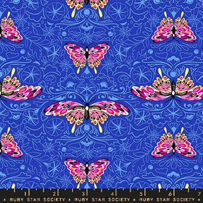 a repeating pattern of pink and yellow butterflies against a blue background.