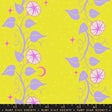 The image is a vibrant and colorful pattern featuring purple and white flowers, leaves, and stars against a bright yellow background.