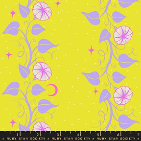 The image is a vibrant and colorful pattern featuring purple and white flowers, leaves, and stars against a bright yellow background.